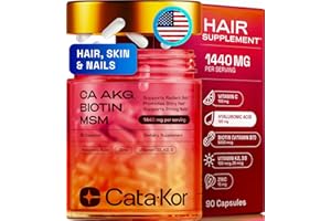 Cata-Kor Hair Skin and Nails Supplement with Ca AKG | MSM | Hyaluronic Acid | Biotin | Vitamin C & Vitamin D3 K2 – Supports Radiant Skin, Promotes Shiny Hair & Strong Nails – 90 Capsules (1 Pack)