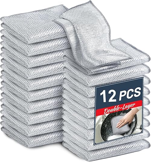 12 Pack Multifunctional Non-Scratch Wire Dishcloth - Double Layer Silver Wire Mesh Knit Cleaning Cloth Wire Dishwashing Rags Wire Cleaning Cloth Wire Dish Towels for Kitchen, Sinks, Pots, Pans