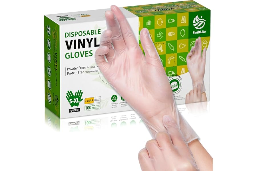 SWIFTLITE Disposable Vinyl Gloves, Food Safe, Latex-Free Powder-Free Clear Plastic Gloves for Cooking, House Clean, Food Prep