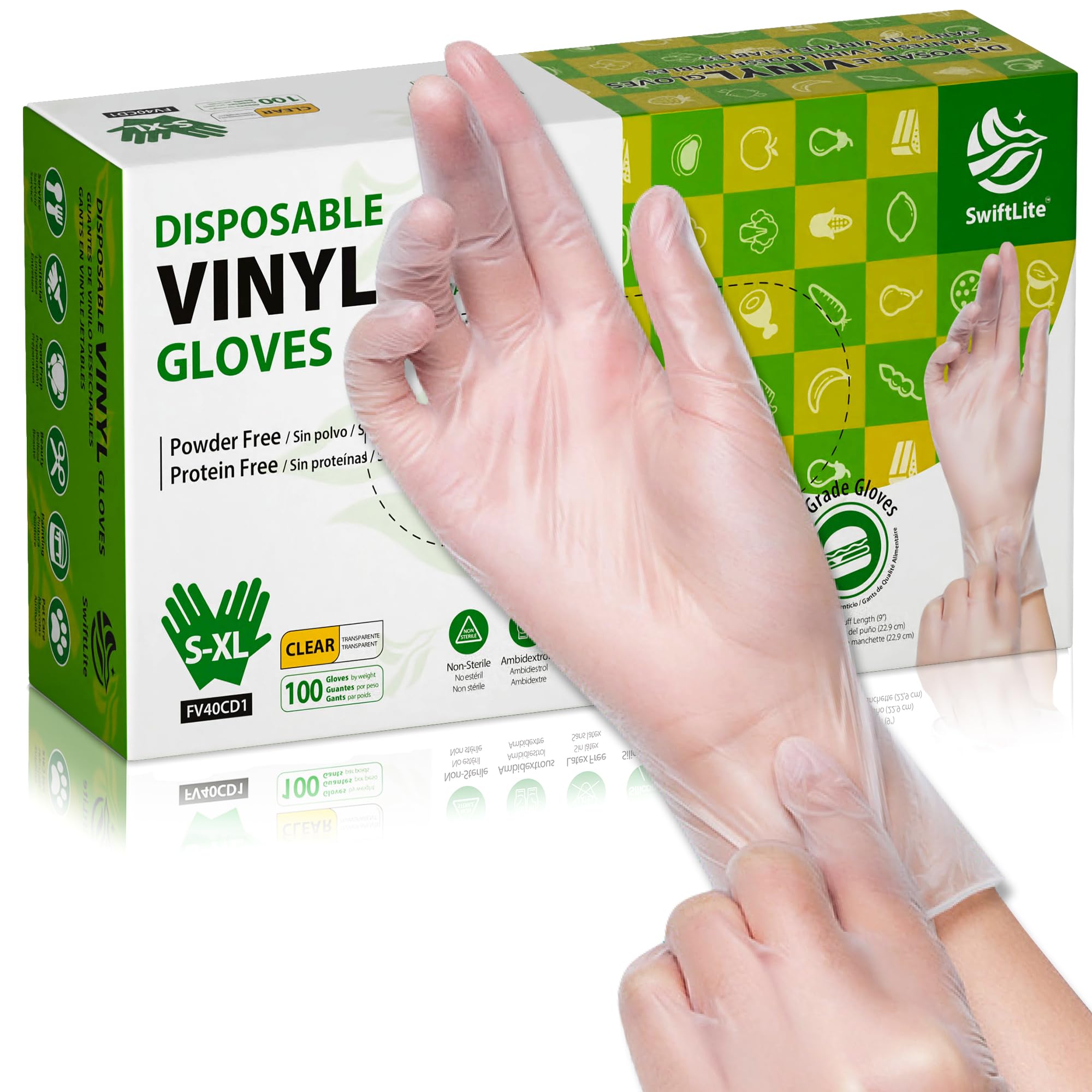 Photo 1 of SWIFTLITE Disposable Vinyl Gloves, Food Safe, Latex-Free Powder-Free Clear Plastic Gloves for Cooking, House Clean, Food Prep (100, Medium)