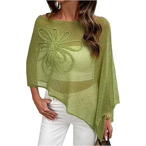 SHENHE Women's Floral Asymmetrical Sheer Loose Knit Poncho Shawl Top | Scoop Neck, Dolman Sleeve, Solid Color, Lightweight Sw