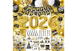 MOVINPE New Years Eve Party Decorations 2026 Black Gold, Happy New Year Party Supplies, Banner Pompoms Number Balloon Fringe Curtain Photo Booth Props Hanging Swirl Squawkers Blowouts