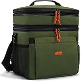 MIER Lunch Box for Men Expandable Insulated Dual Compartment Lunch Bag Leakproof Cooler Bag with Front and Back Pockets for Adult Work Travel Picnic Beach, Army Green