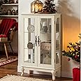 CKEASEAN Lighted Curio Cabinet, 44" H Glass Display Cabinet with 3-Tier Adjustable Glass Shelves, China Cabinet with Mirrored Back Panel for Living Room, Light Blub Included(White)