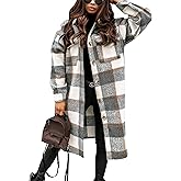 PUWEI Women's Long Flannel Plaid Jacket Shacket Cozy Lapel Button Down Shirt Jacket Fuzzy Trench Coat