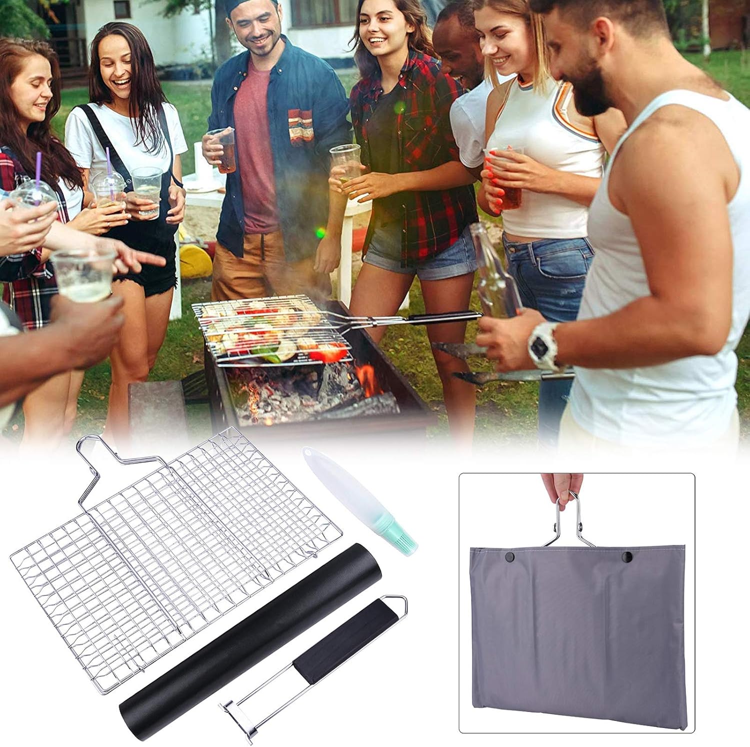 ACMETOP BBQ Grill Basket, Stainless Steel Grilling Basket with Removable Handle, Perfect for Grilling Vegetables, Fishes, Shrimp, Chops - Bonus an Grill Mat, Sauce Bottle Brush and Carrying Pouch : Garden & Outdoor