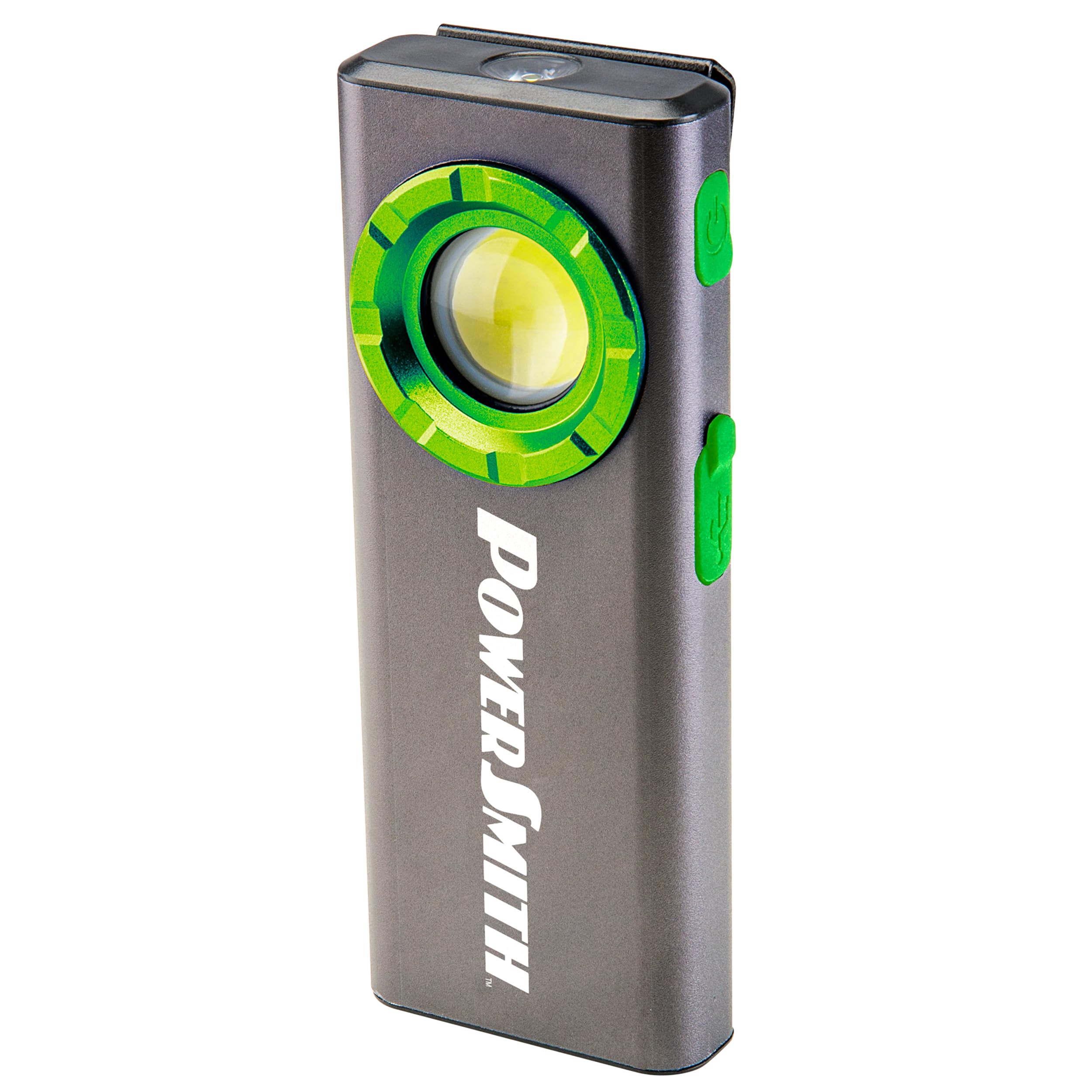Photo 1 of POWERSMITH Rechargeable EDC Flashlight, Power Bank 1200 Lumen Slim Flat Flashlight with Metal Housing, Magnetic Pocket Clip, USB-C Charging Cable, IPX7 Waterproof, and 2 Year Warranty (PLR12F2S)