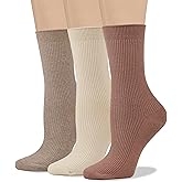 COTTON DAY Women's Combed Cotton Colored Fine Ribbed Trouser Dress Socks Beige Denim Blue Purple 3 Pack
