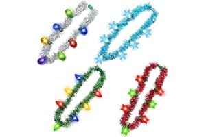 TURNMEON 4 Pack Light up Christmas Necklaces, 6 Lighting Mode, Christmas New Years Eve Party Supplies, Tinsel Garland Light Necklace, 3D Bulbs Snowflakes Star LED Necklace Xmas Accessories Holiday Party Favors