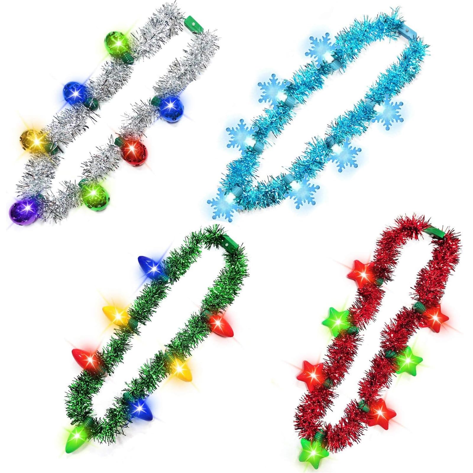 Photo 1 of 4 Pack  New Years Necklace, 6 Lighting Modes, New Years Eve Party Supplies, Tinsel Garland Light Christmas Necklace, 3D Bulbs Star LED Necklace New Years Eve Accessories Holiday Party Favors