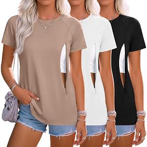 Huukeay 3 Pack Women's Nursing Tops | Postpartum Breastfeeding Shirts, Maternity Tee, Short Sleeve, Crew Neck, Zipper with Hi