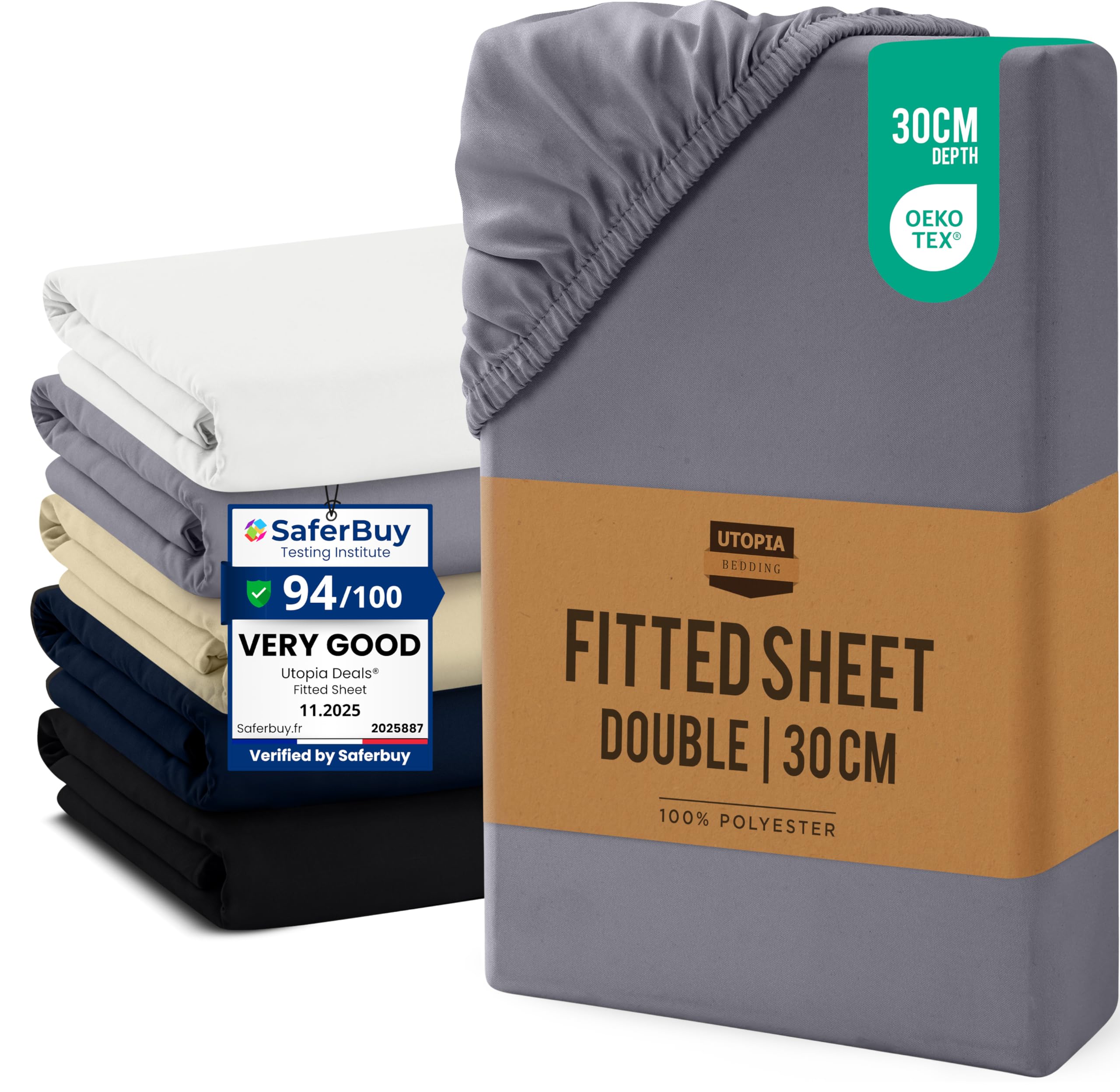 Utopia Bedding Fitted Sheet Double, Grey - Up to 12 Inch (30cm) Deep - Easy Care - Soft Brushed Microfibre Fabric - Shrinkage and Fade Resistant - Oeko-Tex Certified - Bottom Sheet