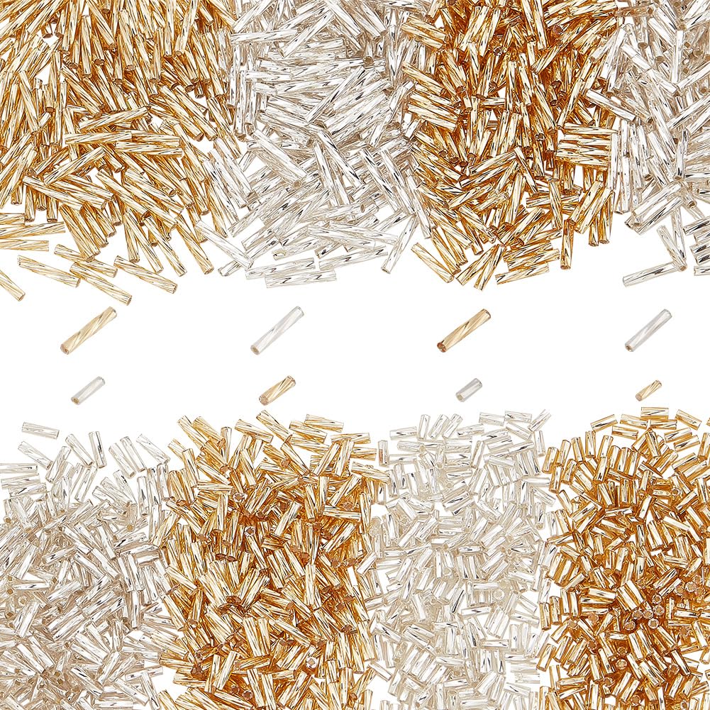 PH PandaHall 1600pcs 4 Sizes Glass Twisted Bugle Beads, 5/6/9/12x2mm Metallic Tube Beads Craft Loose Spacer Bead for DIY Bracelet Jewellery Crafts Making Beading Sewing Clothing, Golden & Silver