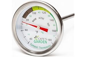 Compost Thermometer - Cate's Garden Premium Stainless Steel Bimetal Thermometer for Backyard Composting - 2 Inch Diameter Fahrenheit/Celsius Dial, 20 Inch Temperature Probe