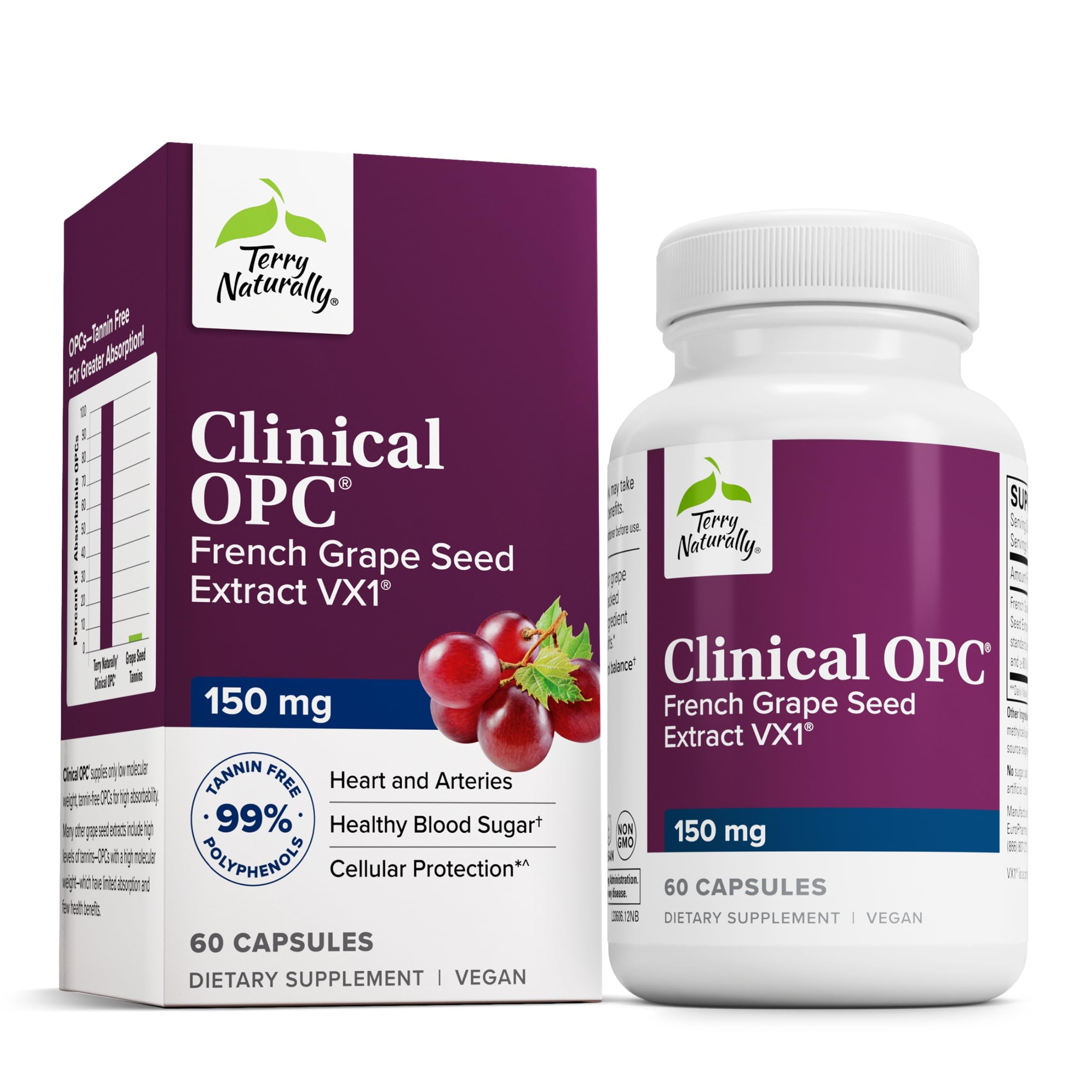 Terry Naturally Clinical OPC - Cardiovascular Health & Focus Support Supplement - Dietary Supplement with Grape Seed Extract & Sunflower Lecithin - Immune Support - 150 mg - 60 Capsules