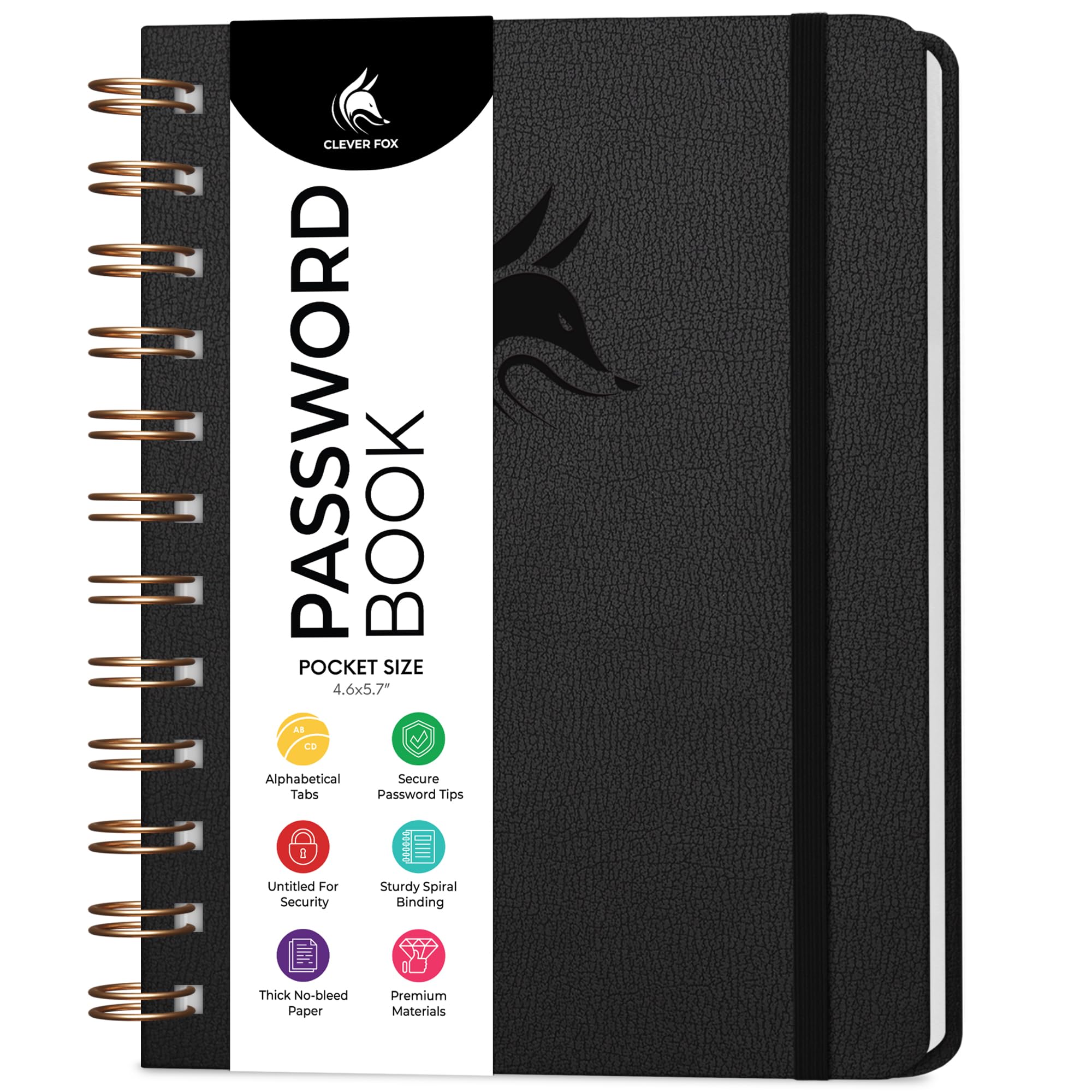 Clever Fox Password Book Spiral – Mini Internet Address Log with Alphabetical Tabs, Small Password Keeper & Organizer - Pocket 12x14cm (Black) — image 1