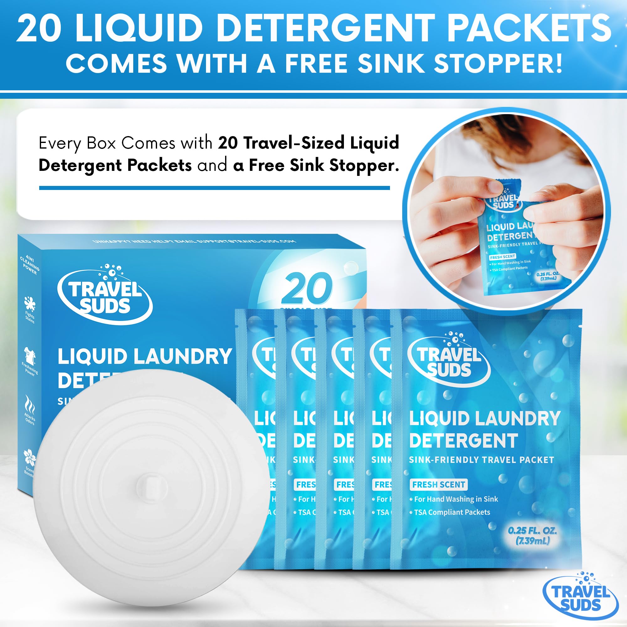 TravelSuds Laundry Detergent Packets (20 Pack) | Travel Detergent for Hand Washing in Sink, Includes Free Sink Stopper
