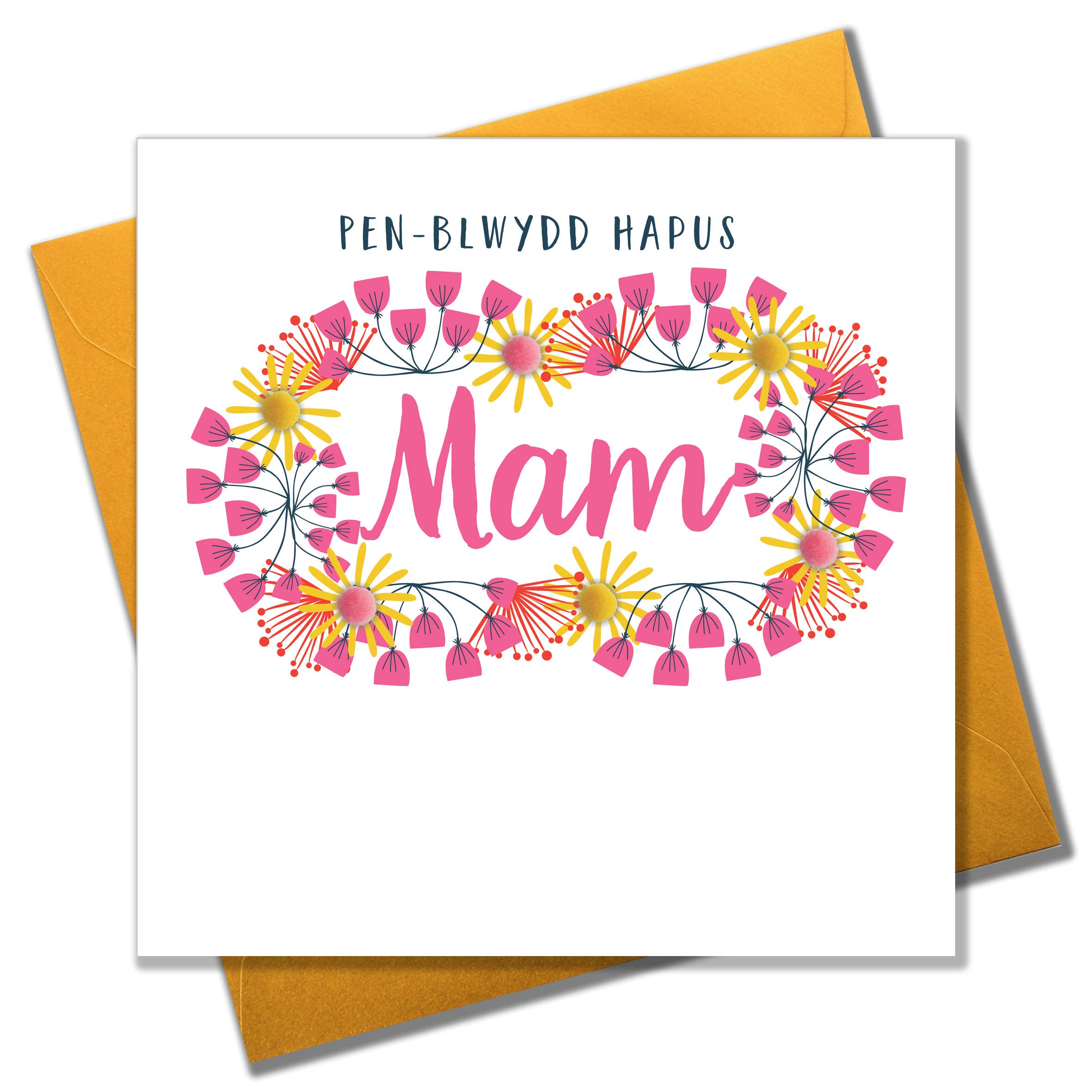 Claire Giles Greeting Cards, Welsh Happy Birthday Mum Card, Penblwydd Hapus Man, Flowers design Birthday Greeting Card, Pompom Embellished