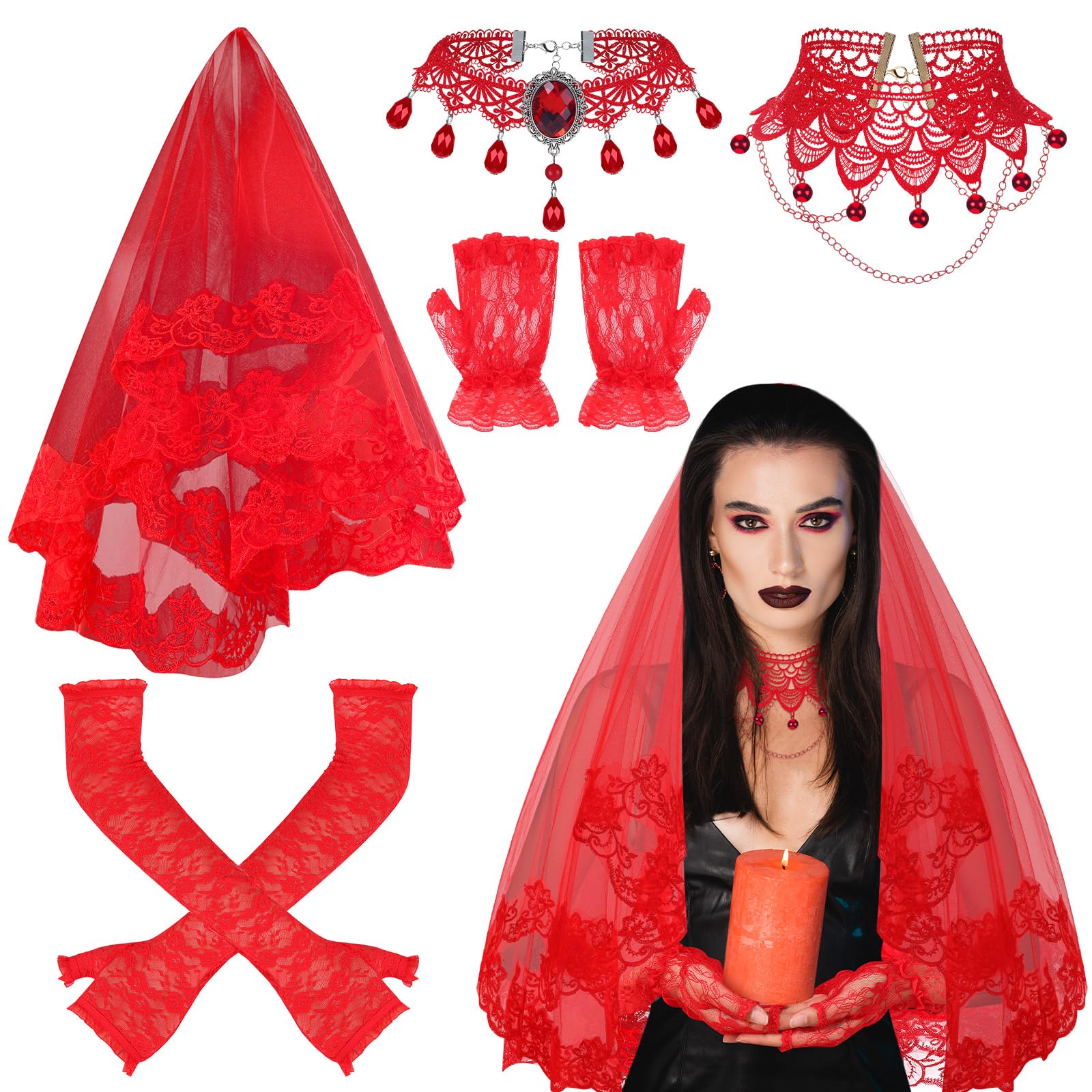 Photo 1 of Ramede 5 Pcs Halloween Red Veil Women's Bride Cosplay Costume Tulle Gothic Lace Veil Fingerless Red Gloves Choker(Stylish)