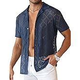 Csqopt Mens Floral Lace Shirt Hollow Out Sheer See Through Short Sleeve Casual Button Down Beach Shirts
