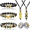 Florideco 7-Piece Feng Shui Pi Xiu Bracelet Necklace Ring Set - Adjustable Pixiu Mantra Ring, Black Obsidian Wealth Bracelet, Lucky Nafu Wealth Necklaces for Men & Women