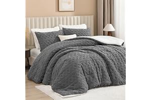 Andency Fluffy Sherpa King Comforter Set Grey, Super Soft Gray Fleece Warm Bedding for Winter, Luxury Jacquard Boho Thick Fuz