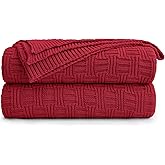 Cotton Red Knit Throw Blanket for Couch Sofa Beach Chair Bed Home Decorative Soft Warm Cozy Cable Lightweight Knitted Blankets, 50 x 60 Inch