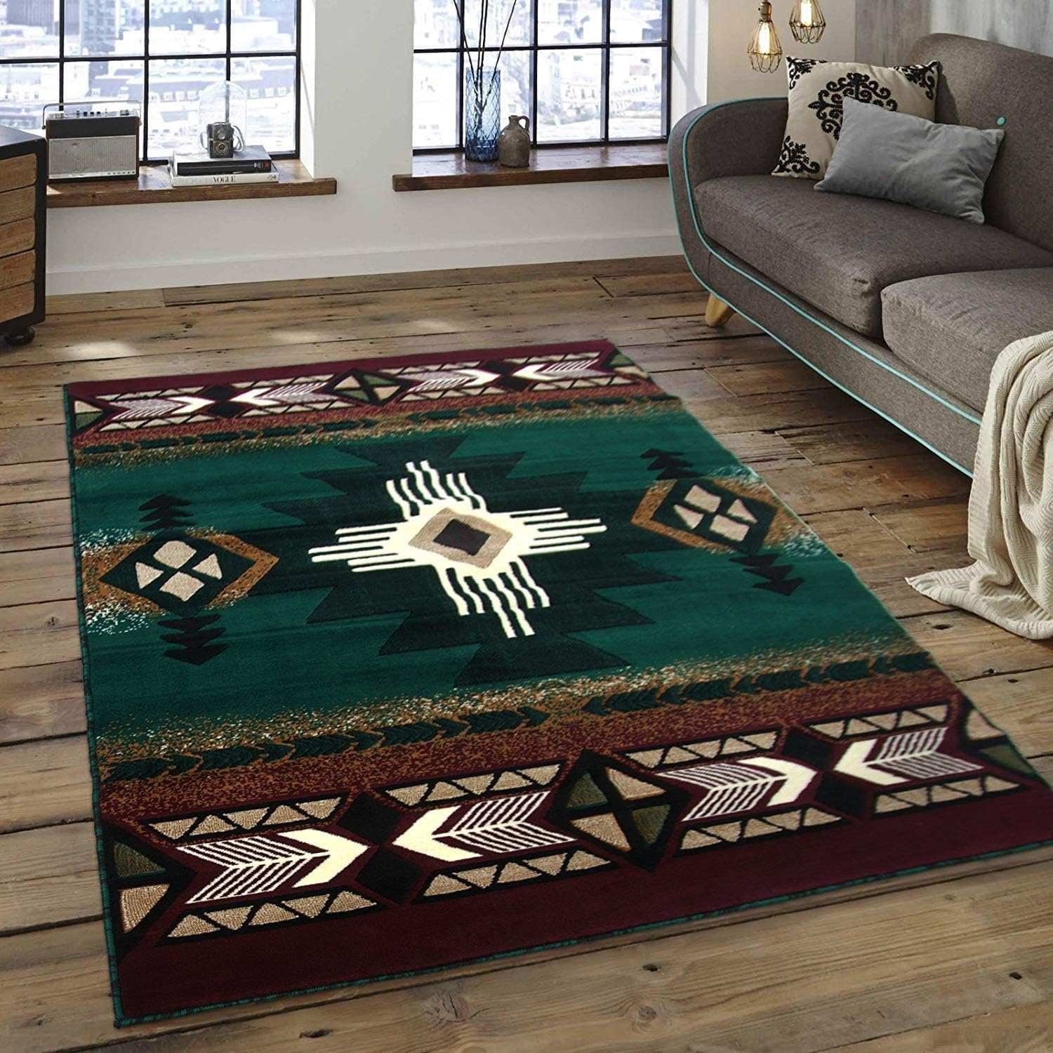 Southwest Native American Indian Hunter Green Area Rug (3