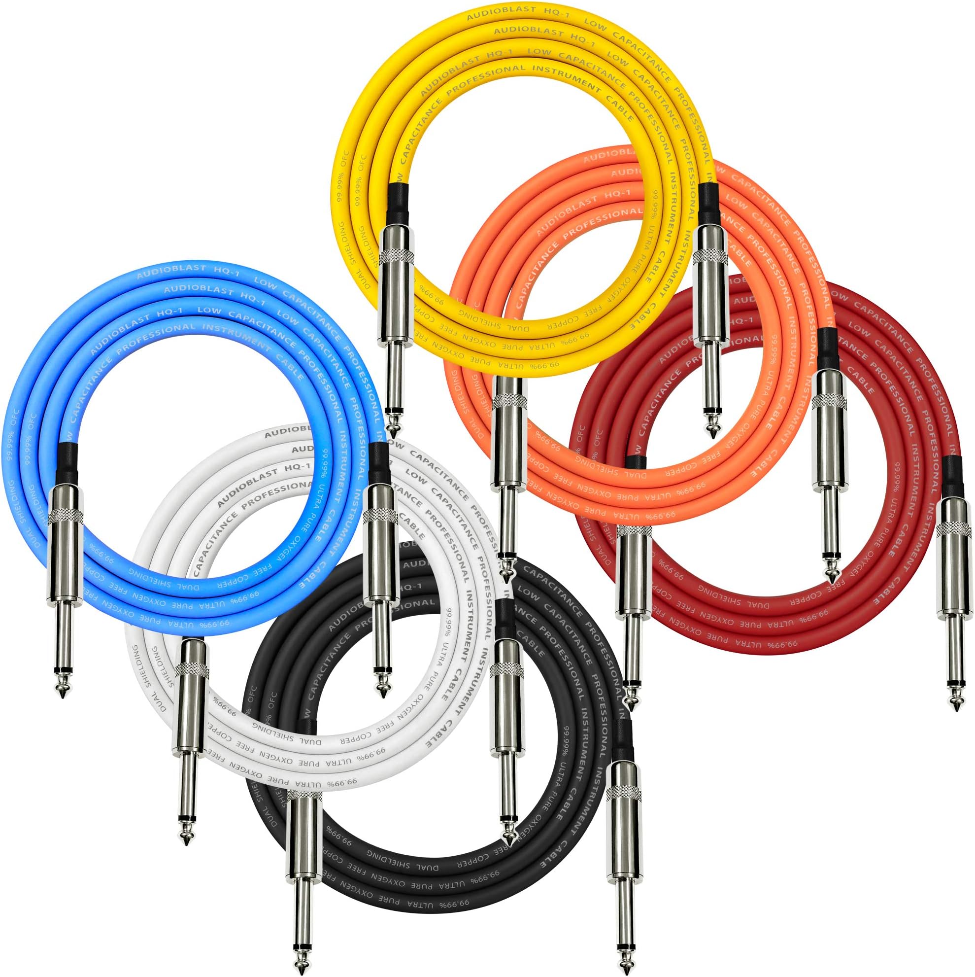 Audioblast - 6 Units (Multi Color) - 4 Foot - HQ-1 - Ultra Flexible - Dual Shielded (100%) - Guitar Instrument Effects Pedal Patch Cable w/Eminence Straight ¼ inch (6.35mm) TS Plugs & Quad Boots
