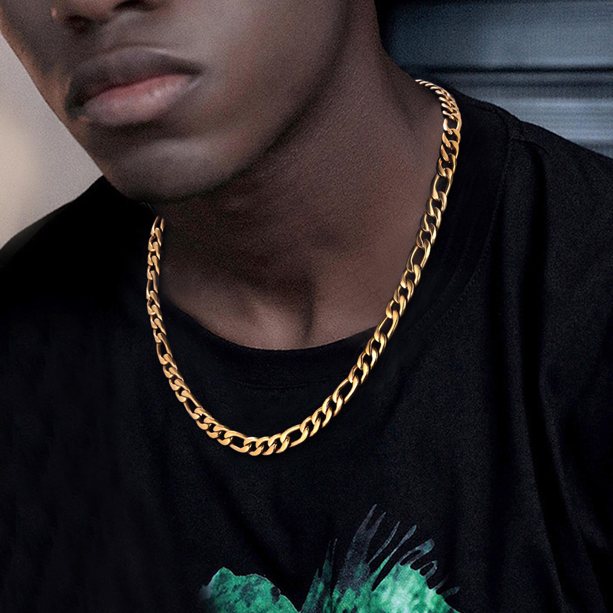Jewlpire Silver Chain Gold Chain for Men, 14K Gold Plated Men's Chain Necklaces Cool Figaro Chain for Men, Hip-Hop 5.5mm/7mm Mens Chain 16 18 20 22 24 26 Inch