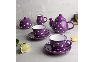 City to Cottage Purple and White Polka Dot Handmade Ceramic Teapot, Milk Jug, Sugar Bowl with 2 Cups and Saucers Tea Set