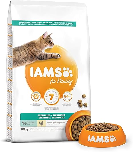 Iams Vitality Croquettes Premium Chats Sterilises Savoureuses Completes Equilibrees Favorise Croissance Et Vitalite Au Poulet Frais Sans Ogm Colorant Arome Artificiel Sac Refermable 10kg Amazon Fr Animalerie