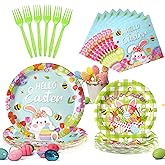 SiliFine 96 Pcs Easter Plates and Napkins Disposable Dinnerware Supplies for 24 Guests, Paper Tableware Include 9" Dinner Plates, 7" Dessert Plates, Napkins, Forks for Easter Spring Party(Bunny)