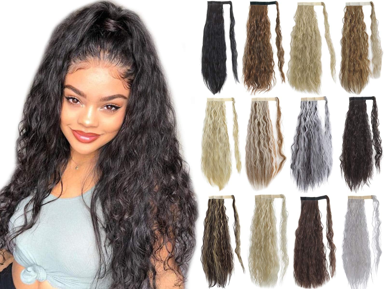 Hebelin Ponytail Extension 24" Curly Kinky Wrap Around Long Wavy Pony Tail Deep Wave Yaki Heat Resistant Hairpieces with Drawstring