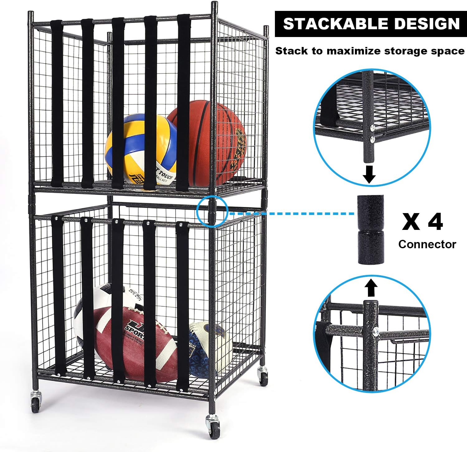 Mythinglogic Rolling Sports Ball Storage Cart, Sports Lockable Ball Storage Locker with Elastic Straps, Stackable Ball Cage for Garage Storage Garage Organizer, 6 Ball Capacity Full Size, Black,Steel: Sports & Outdoors