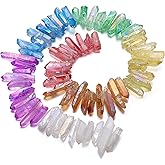 Top Plaza Rough Irregular Aura Crystals Stone Points Sticks Shard Loose Beads for Crafts Jewelry Making Natural Raw Rock Bulk Crushed Titanium Coated Quartz Points 16" Strand - 7 Chakra