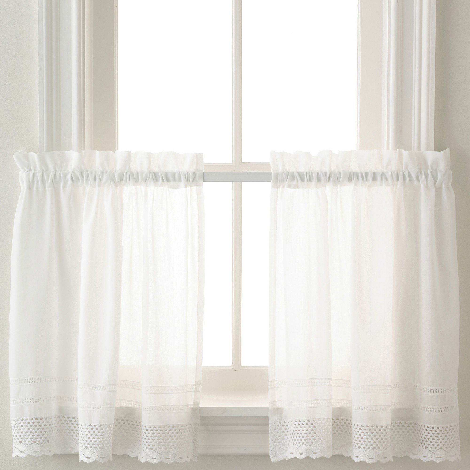 Photo 1 of Peri Home White Crochet Cafe Kitchen Curtain Window Tier Pair, Rod Pocket, 29W x 24L inch, Set of 2