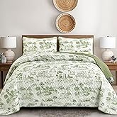 Drucon Sage Green Farmhouse Quilt Set Queen Size, Spring Toile Rustic Bedspreads, 3 Pieces Village Landscape Printed Coverlet, Soft Microfiber Quilt Bedding Set for All Season (96x90 Inch)