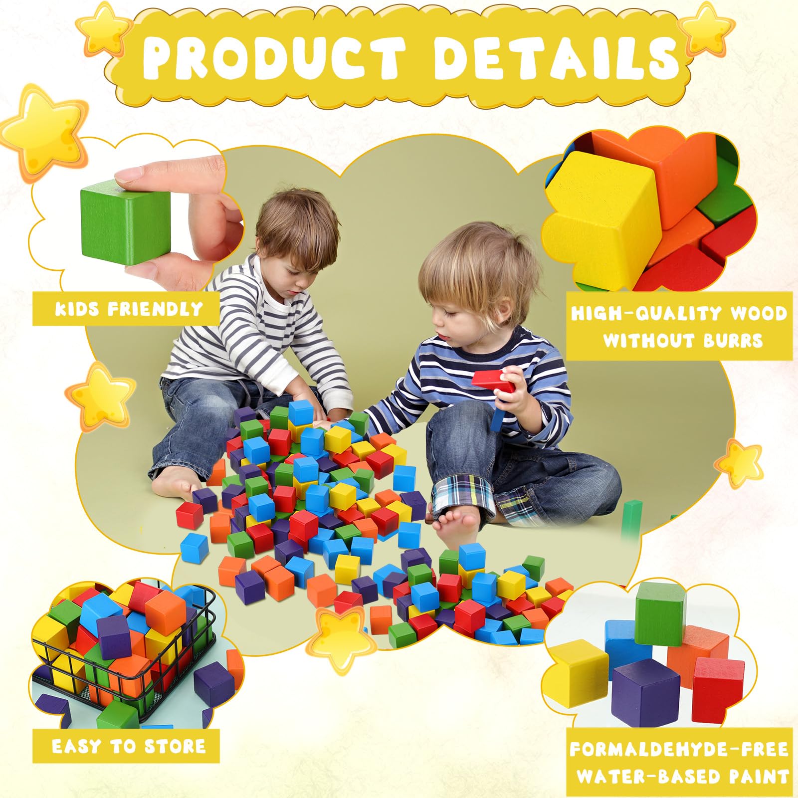 Libima 100 Pcs 1.2 Inch Wooden Building Blocks Stacking Game, Rainbow Wood Blocks Set Square Colorful Wooden Cubes Counting Large Learning Educational Toys for Math Boys Girls