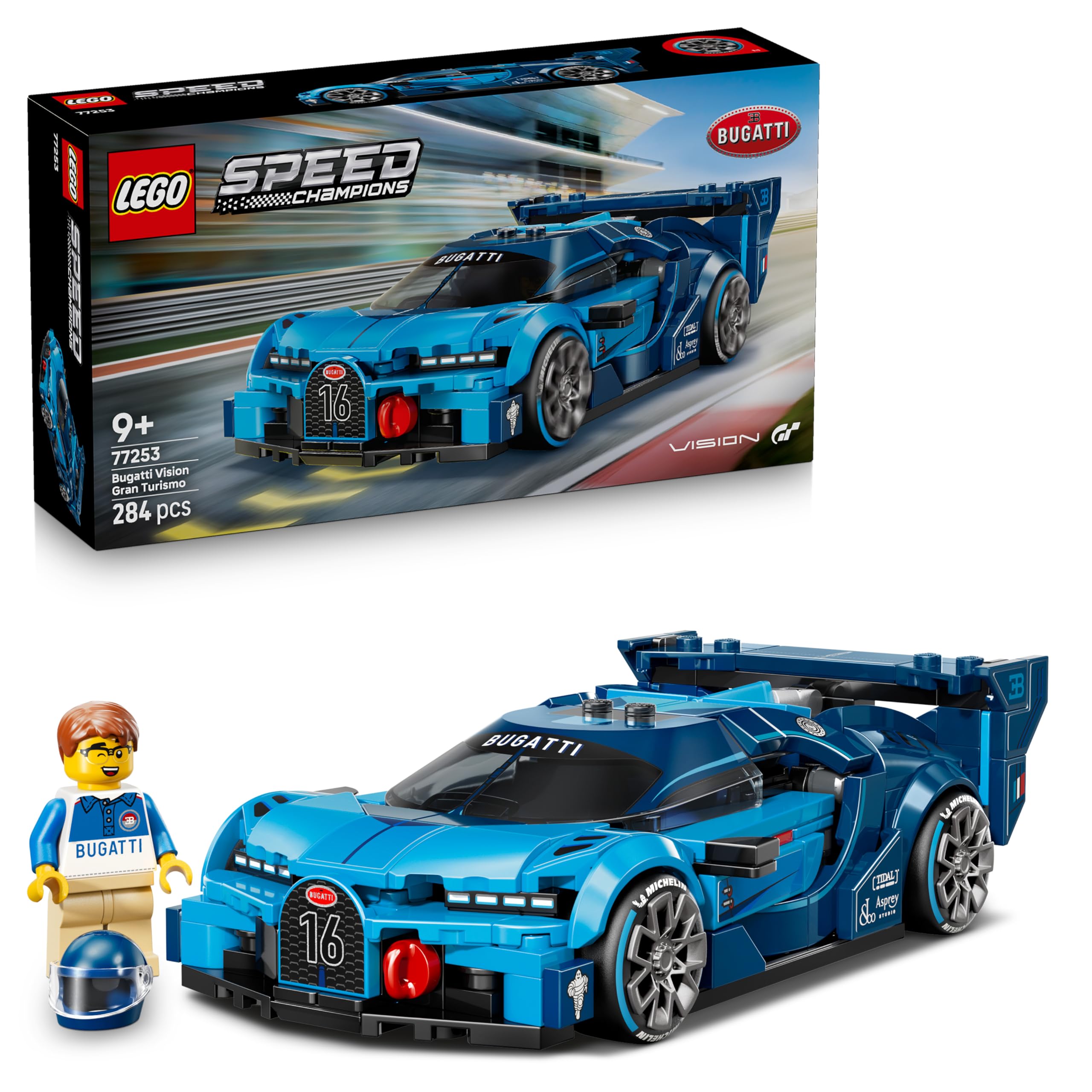 LEGO Speed Champions Bugatti Vision Gran Turismo Hypersportwagen - Modellbau mit sammelbarer Fahrer Minifigur - Gaming Geschenkidee für Jungen ab 9 Jahren und Motorsportfans - 77253