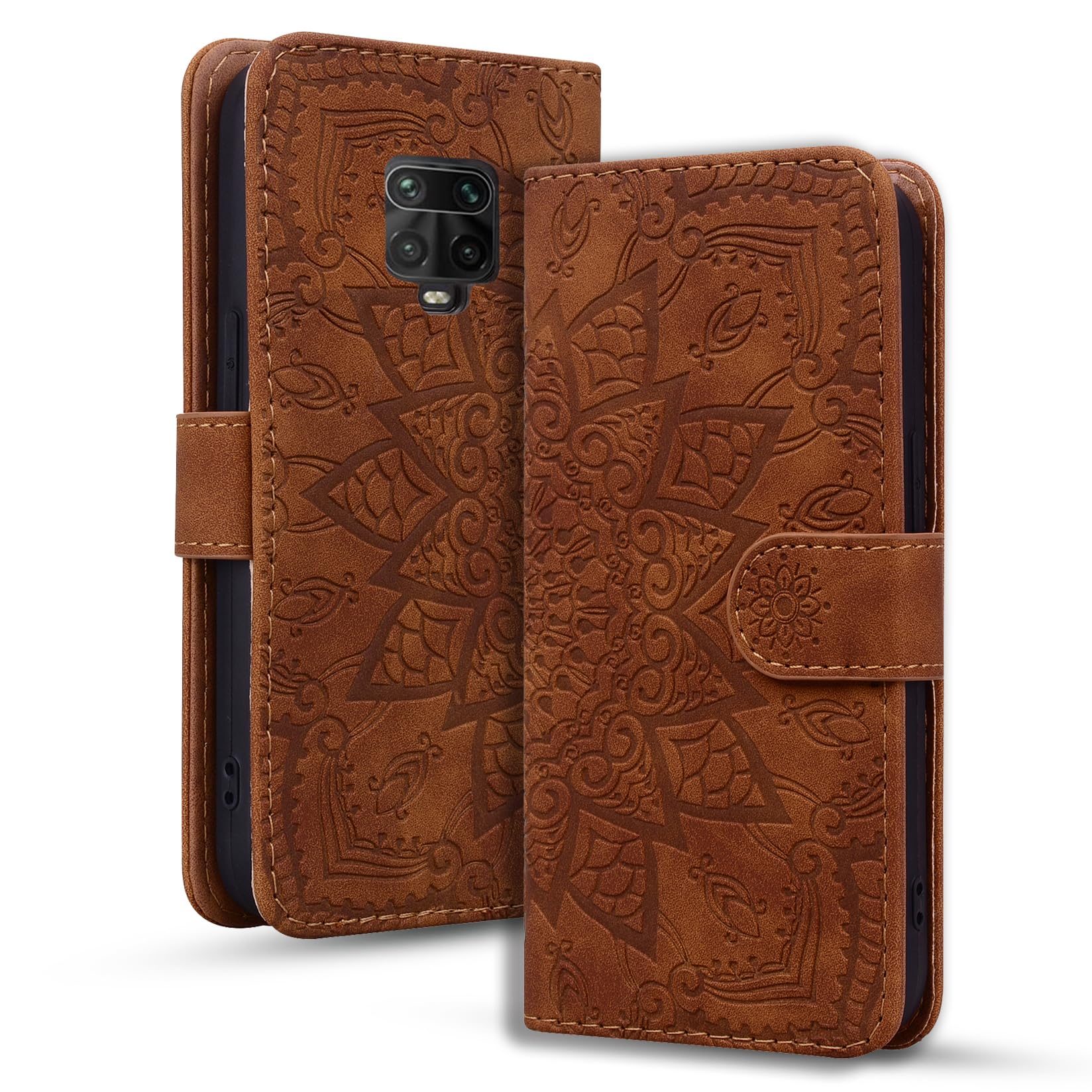 Rosbtib Mobile Case for Xiaomi Redmi Note 9S/ Note 9 Pro Premium PU Leather Case with Magnetic Closure Stand Function Flip Cover Mandala Embossing Xiaomi Redmi Note 9S/ Note 9 Pro - Brown