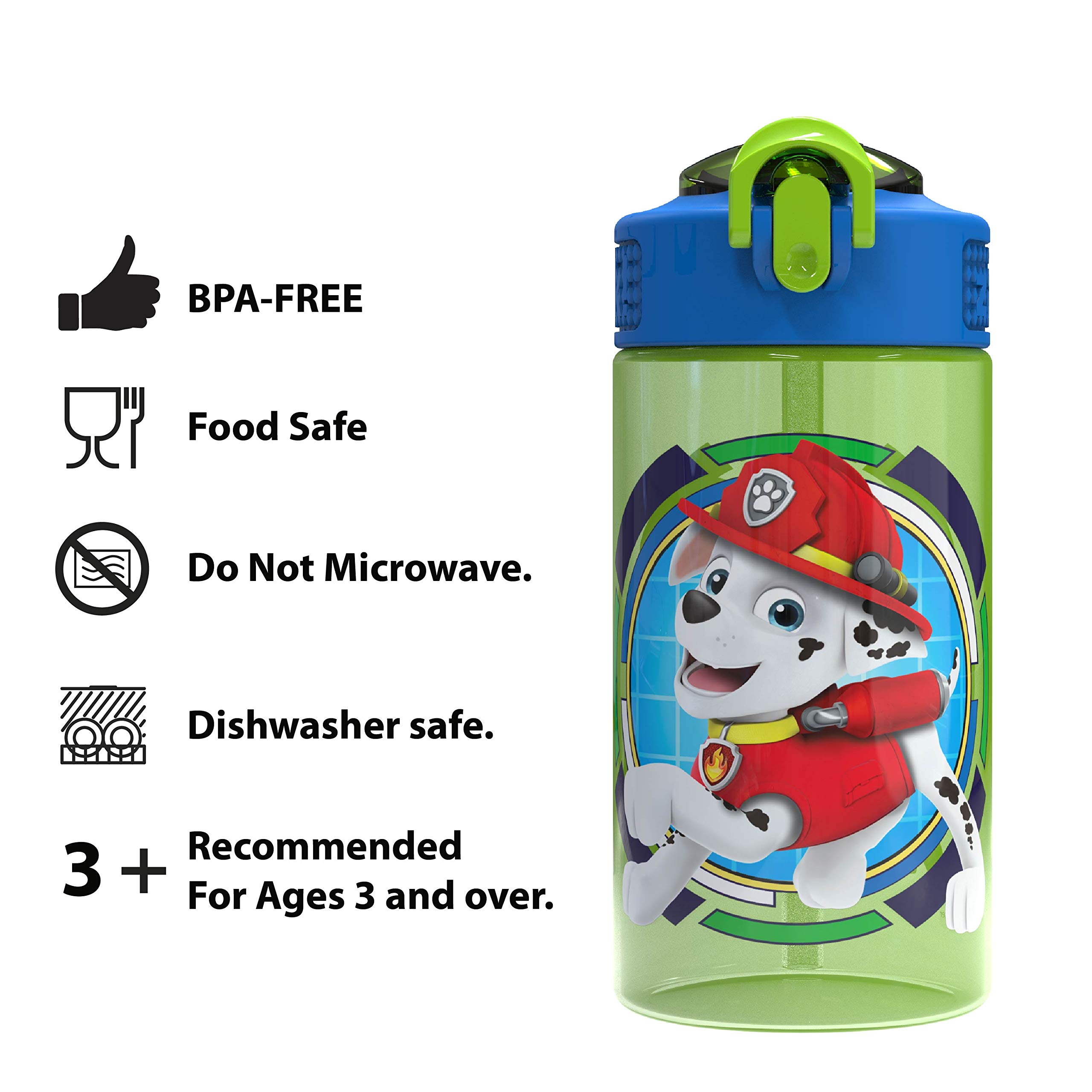 Zak Designs Paw Patrol Kids Spout Cover and Built-in Carrying Loop Made of Plastic, Leak-Proof Water Bottle Design (Rocky, Rubble & Chase, 16 oz, BPA-Free)