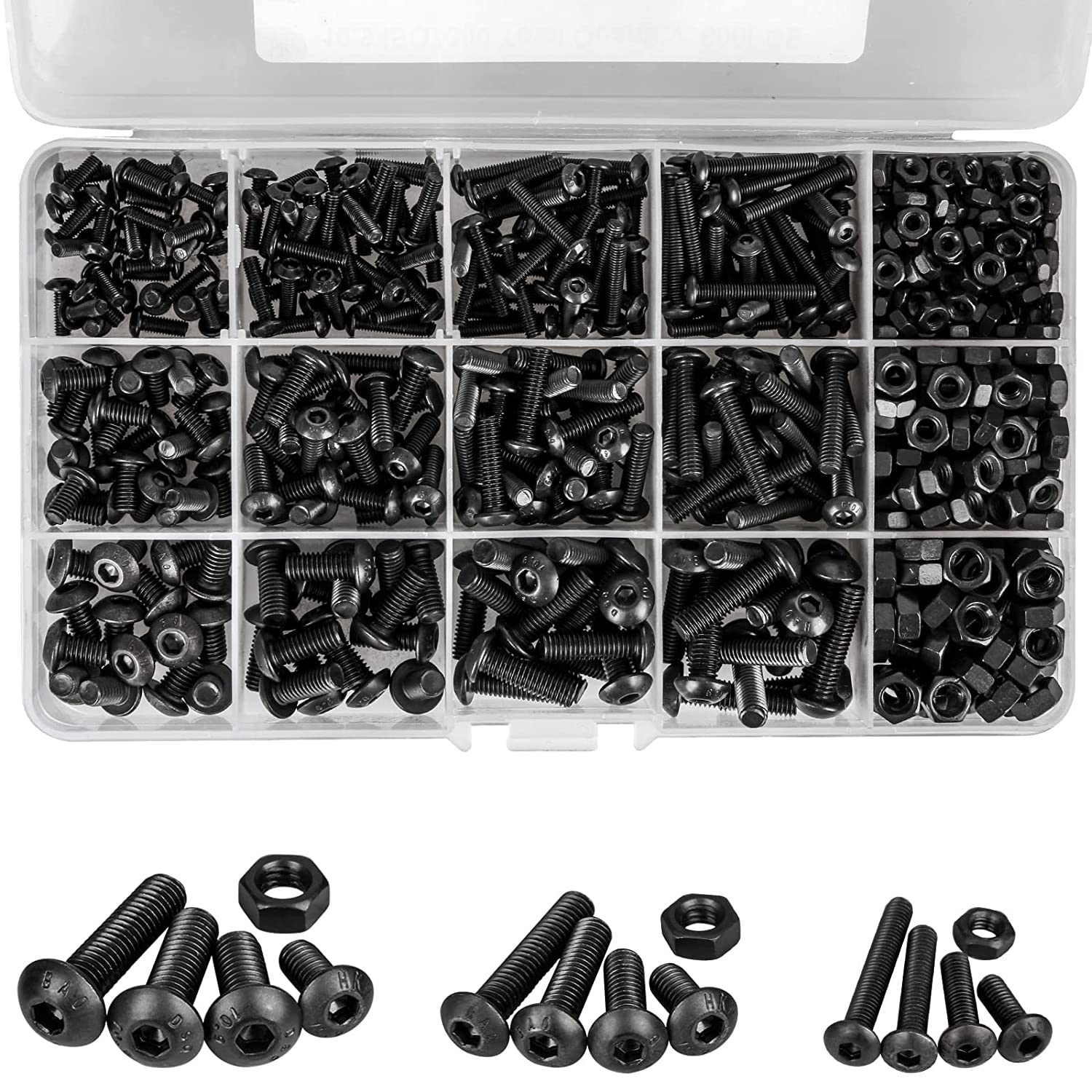 KAHEIGN 500Pcs Alloy Steel Nuts and Bolts Kit - M3, M4, M5 Button Head, Pan Head, Black Hex Socket Bolts and Nuts with Storage Box