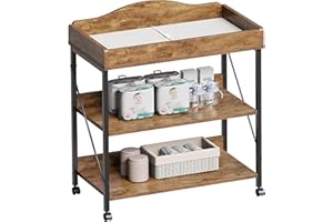 Yetom Baby Changing Table, Diaper Changing Station with Pad and Wheels, Two-Tier Open Storage Shelves, Waterproof Diaper pad & Safety Strap,Compact Baby Furniture for Nursery, Rustic Brown