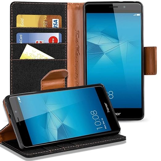 Verco Honor 7 Hülle, Schutzhülle für Huawei Honor 7 Tasche Denim Textil Book Case Flip Case - Klapphülle Schwarz