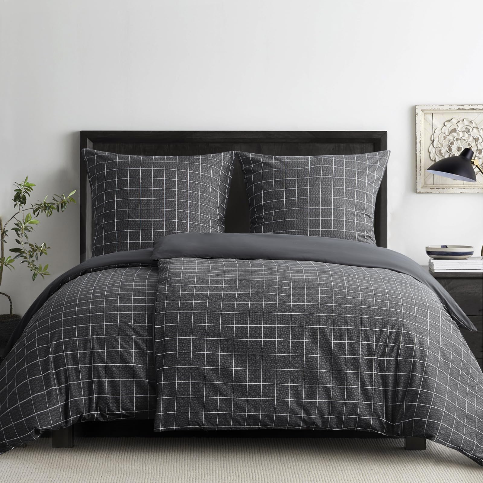 RUIKASI Bed Linen 135 x 200 cm, 4-Piece Microfibre Duvet Covers 135 x 200 cm, Set of 2 with Pillowcases in Grid Pattern, Bedding Sets with Zip, Soft and Non-Iron