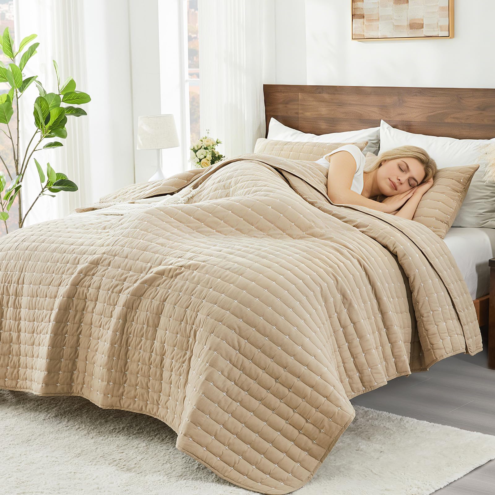 Photo 1 of ENJOHOS 100% Cotton Quilt King Size, Beige Tan Cream Cotton Bedspreads, Reversible Lightweight King Size Coverlet, Thin Comforter with Pillowshams for All Season (3 Pieces, 106"x96")