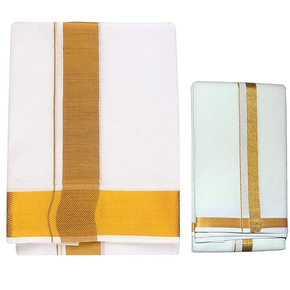 Men's Cotton Gold Border Dhoti With Angavastram (Pack of 1)