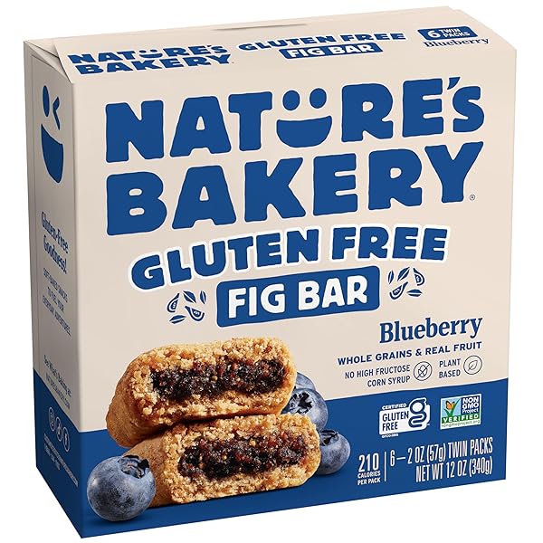 NATURE’S BAKERY GLUTEN FREE FIG BARS, BLUEBERRY, REAL FRUIT, VEGAN, NON-GMO, SNACK BAR, 1 BOX WITH 6 TWIN PACKS (6 TWIN PACKS)