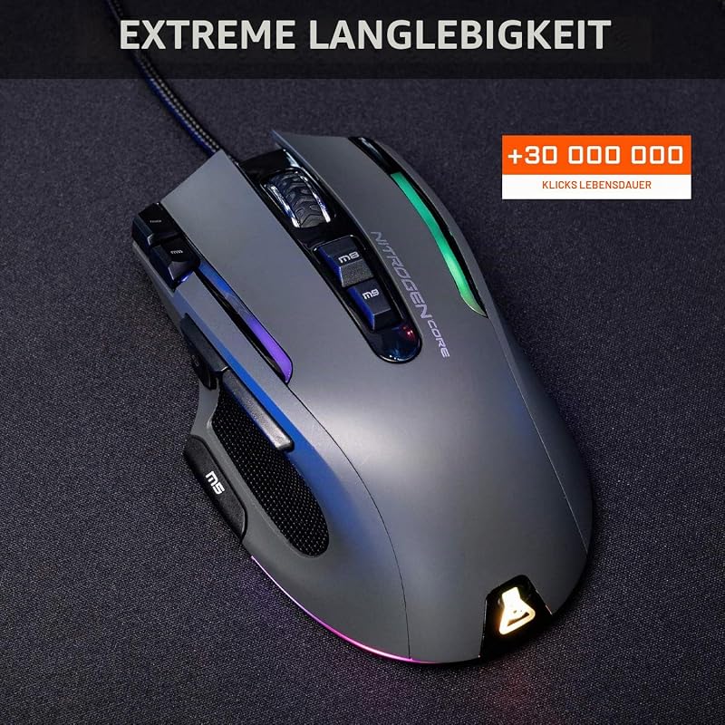 Kult NITROGEN CORE Hochleistungs-Kabel-Gaming-Maus - Avago 10.000 DPI-Optischsensor, RGB, Anpassbares Gewicht, 11 Extrem Programmierbare Tasten, Ultraleicht – Kompatibel mit PC/PS5/Xbox One